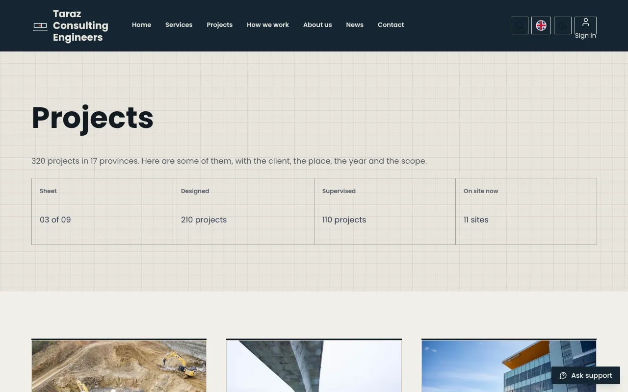 Projects with client, place and scope