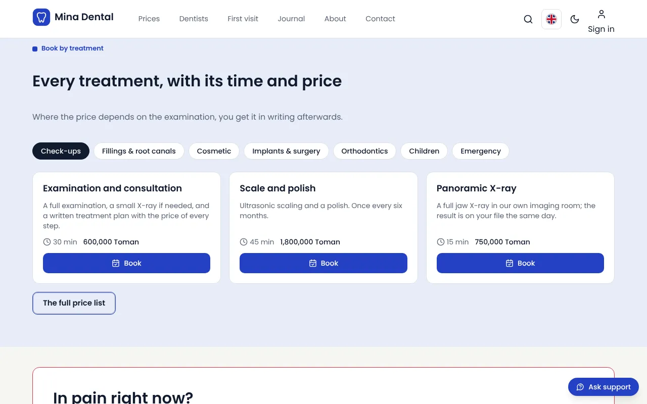 Each treatment with its length and price