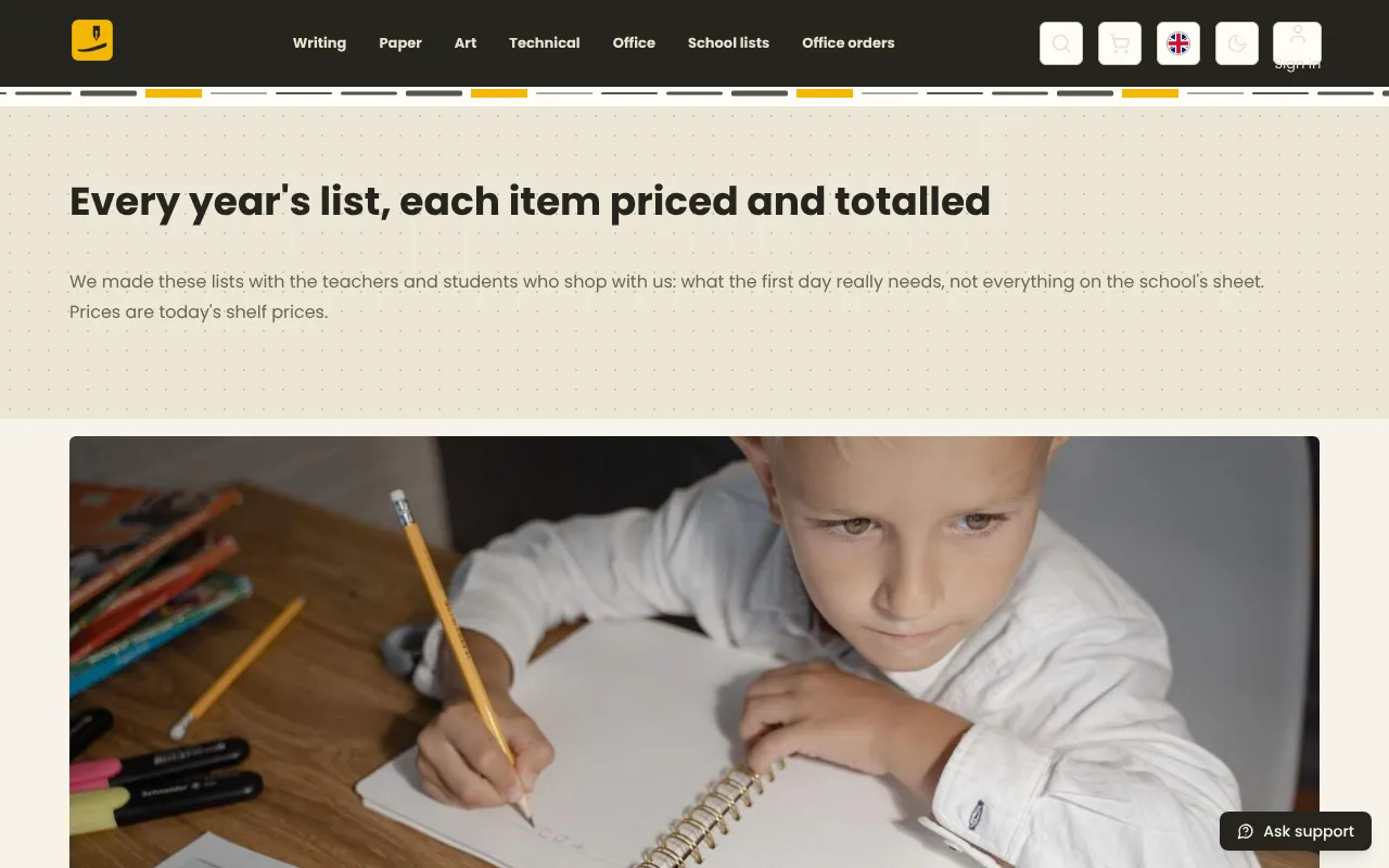 A list for each grade, with every item's price and a total