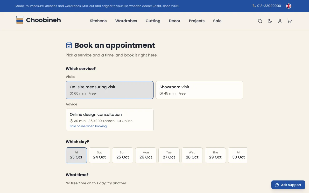 Measuring, online advice and showroom visits